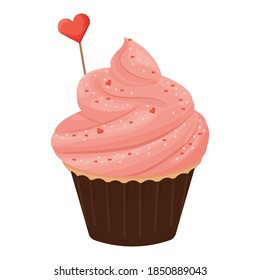 Cupcake with pink cream, tasty delicious dessert with heart decoration isolated on white background. Sweet food, Valentine day celebration. Clipart, design element.