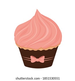 Cupcake with pink cream, tasty delicious dessert isolated on white background. Sweet food, celebration. Clipart, design element.