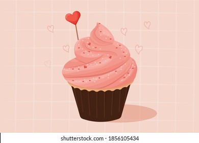 Cupcake with pink cream, tasty delicious dessert with heart decoration. Sweet food, Valentine day celebration. Clipart, design element.