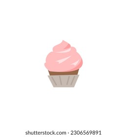 Pastel con crema rosa superior, ilustración vectorial de dibujos animados planos aislados en fondo blanco. Comida dulce, postre y pastelería helada con crema batida.