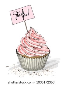 Cupcake with pink cream and topper pick with text Thank you on white background, vector illustration, eps 10 with transparency