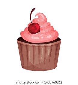 Cupcake with pink cream. Vector illustration on a white background.