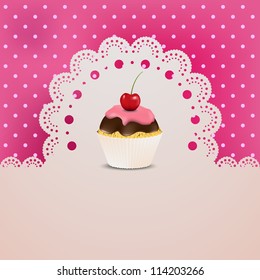 Cupcake with pink creme and chocolate with background and lace.