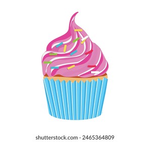 cupcake with pink frosting and colorful sprinkles, vector illustration