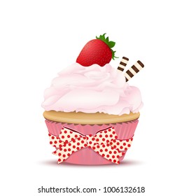 Cupcake with pink fruit cream, with a strawberry on top and waffles, vector illustration. Drawing of dessert isolated on white background