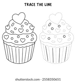 Cupcake with pink heart and sprinkles illustration vector. Sweet love bite cupcake clipart. Cupcake coloring page for valentine day theme. Valentine's cupcake and sweet dessert clipart. 