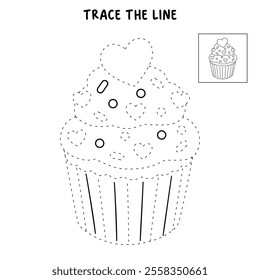 Cupcake with pink heart and sprinkles illustration vector. Sweet love bite cupcake clipart. Cupcake coloring page for valentine day theme. Valentine's cupcake and sweet dessert clipart. 