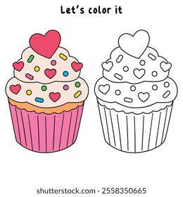 Cupcake with pink heart and sprinkles illustration vector. Sweet love bite cupcake clipart. Cupcake coloring page for valentine day theme. Valentine's cupcake and sweet dessert clipart. 