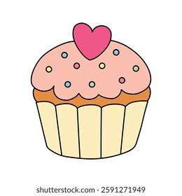 Cupcake with pink heart and sprinkles illustration vector. Sweet love bite cupcake clipart. Cupcake coloring page for valentine day theme. Valentine's cupcake and sweet dessert clipart. 