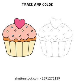 Cupcake with pink heart and sprinkles illustration vector. Sweet love bite cupcake clipart. Cupcake coloring page for valentine day theme. Valentine's cupcake and sweet dessert clipart. 