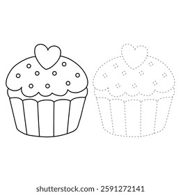 Cupcake with pink heart and sprinkles illustration vector. Sweet love bite cupcake clipart. Cupcake coloring page for valentine day theme. Valentine's cupcake and sweet dessert clipart. 