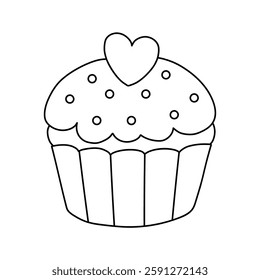 Cupcake with pink heart and sprinkles illustration vector. Sweet love bite cupcake clipart. Cupcake coloring page for valentine day theme. Valentine's cupcake and sweet dessert clipart. 