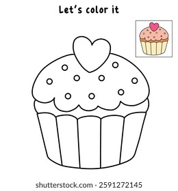 Cupcake with pink heart and sprinkles illustration vector. Sweet love bite cupcake clipart. Cupcake coloring page for valentine day theme. Valentine's cupcake and sweet dessert clipart. 