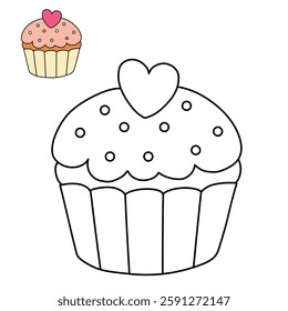 Cupcake with pink heart and sprinkles illustration vector. Sweet love bite cupcake clipart. Cupcake coloring page for valentine day theme. Valentine's cupcake and sweet dessert clipart. 