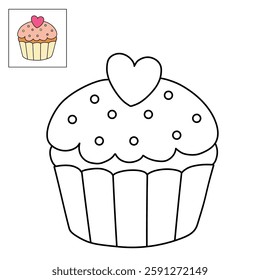 Cupcake with pink heart and sprinkles illustration vector. Sweet love bite cupcake clipart. Cupcake coloring page for valentine day theme. Valentine's cupcake and sweet dessert clipart. 