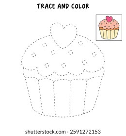 Cupcake with pink heart and sprinkles illustration vector. Sweet love bite cupcake clipart. Cupcake coloring page for valentine day theme. Valentine's cupcake and sweet dessert clipart. 