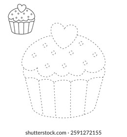 Cupcake with pink heart and sprinkles illustration vector. Sweet love bite cupcake clipart. Cupcake coloring page for valentine day theme. Valentine's cupcake and sweet dessert clipart. 