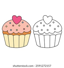 Cupcake with pink heart and sprinkles illustration vector. Sweet love bite cupcake clipart. Cupcake coloring page for valentine day theme. Valentine's cupcake and sweet dessert clipart. 