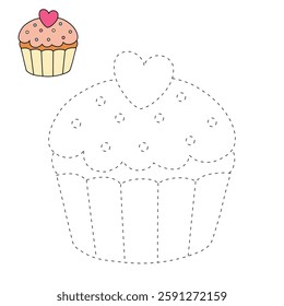 Cupcake with pink heart and sprinkles illustration vector. Sweet love bite cupcake clipart. Cupcake coloring page for valentine day theme. Valentine's cupcake and sweet dessert clipart. 