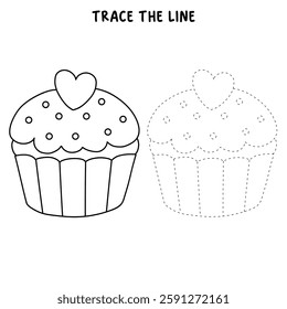 Cupcake with pink heart and sprinkles illustration vector. Sweet love bite cupcake clipart. Cupcake coloring page for valentine day theme. Valentine's cupcake and sweet dessert clipart. 