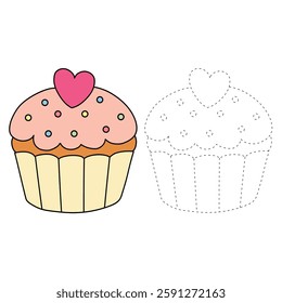 Cupcake with pink heart and sprinkles illustration vector. Sweet love bite cupcake clipart. Cupcake coloring page for valentine day theme. Valentine's cupcake and sweet dessert clipart. 