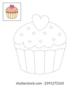 Cupcake with pink heart and sprinkles illustration vector. Sweet love bite cupcake clipart. Cupcake coloring page for valentine day theme. Valentine's cupcake and sweet dessert clipart. 