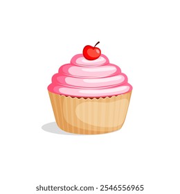 Cupcake with pink icing and cherry. Vector illustration
