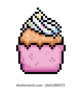 Cupcake with pink paper wrap and white icing with sprinkles pixel 8 bit game decoration colorful illustration isolated on square white background.