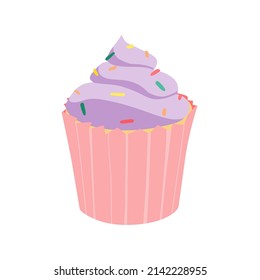 cupcake in pink and purple with colorful sprinkle isolated flat style vector illustration 