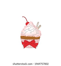 Cupcake in a pink shape with a red bow and pink icing on a white background.
