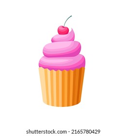 Cupcake with pink topping and cherry on top cartoon vector illustration. Sweet dessert illustration on white background. 