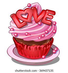 Cupcake with pink whipped cream, beads and the inscription Love isolated on a white background. The idea of design dessert for the lovers holiday Valentine's day. Cartoon vector illustration close-up.