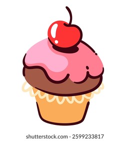 Cupcake with pink whipped cream and cherry decoration, cartoon dessert. Funny baked berry cake and frosting, muffin. Bakery food menu, calories mascot, cute sweet cupcake cartoon vector illustration