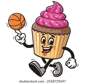 Cupcake playing basketball,  Cartoon Character Mascot Illustration Vector Clip-art Hand-drawn Logo Design