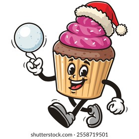 Cupcake is playing snowballs and wearing a christmas hat,  Cartoon Character Mascot Illustration Vector Clip-art Hand-drawn Logo Design