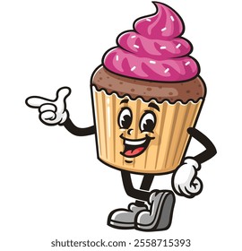 Cupcake with pointing finger idea pose,  Cartoon Character Mascot Illustration Vector Clip-art Hand-drawn Logo Design