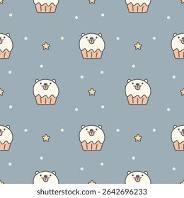 Bolinho polka urso desenho animado tão fofo. No fundo do ponto polka estrela. Ilustração de vetor uniforme de padrão. 