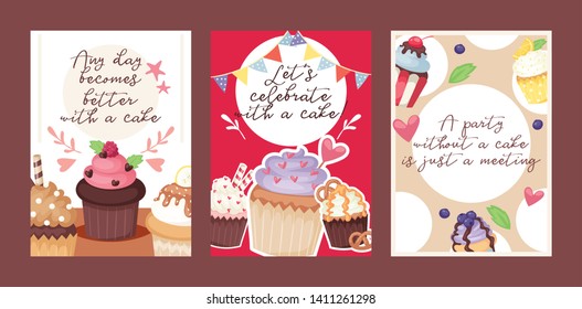 Cupcake poster design bakery cake dessert card vector illustration. Muffin holiday sweet party background design. Chocolate cookie delicious invitation postcard.