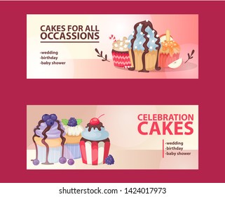 Cupcake poster design bakery cake dessert card vector illustration. Muffin holiday sweet party background design. Chocolate cookie delicious invitation postcard.
