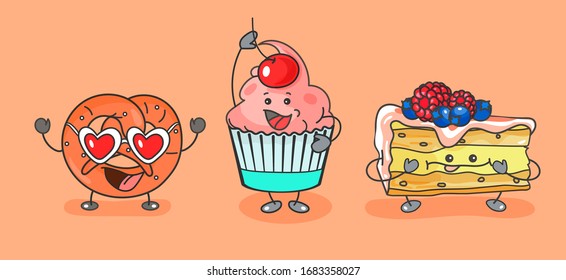 Cupcake, pretzel, piece of cake. Vector flat cartoon color illustration. For menu, poster, web bakery shop. Isolated on pink background. Hand drawn sketch comic style.