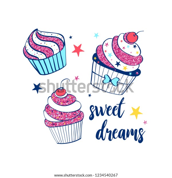 女の子のtシャツのプリントデザインのスローガンとカップケーキのベクター画像 のベクター画像素材 ロイヤリティフリー