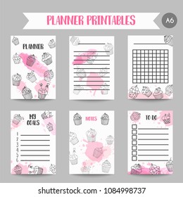 Cupcake printables with handdrawn cupcakes and pink splashes. Planner with sweet pastry. Cute note template for srapbook Organizer template