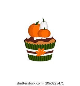 Cupcake with pumpkins chocolate icing and maple leaf holder decoration dessert. Thanksgiving or harvest festival sweets food isolated on white background. Flat design cartoon vector illustration