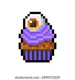 Cupcake with purple cream cheese frosting and eyeball on it isolated on transparent background. Halloween sweets pixel icon. Vector pixel art illustration in 16 bit old style.