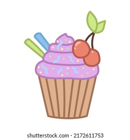 Cupcake with purple icing and cherry. Hand drawn illustration in cartoon style. Vector isolated on white background.