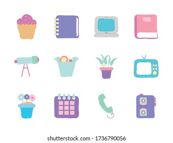 cupcake and Quarentine icon set over white background, flat style, vector illustration