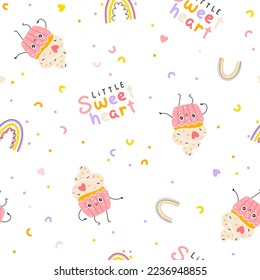 Cupcake und ein Regenbogen nahtloses Muster mit Süßigkeiten Sprinklen süß Lächeln. Handgezeichneter Kinderkartoon doodle kawaii Nachtisch Charakter. Kinderische Vektorgrafik in einem einfachen, naiven Stil