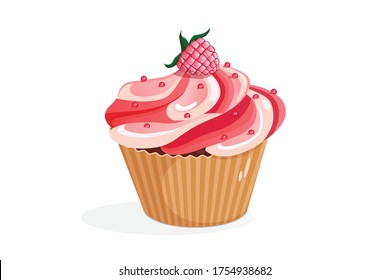 Cupcake with raspberries on a white background. Vector illustration of a cupcake. Baking concept. Cupcake for advertising, banner template, flyer, birthday card.