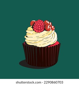 Cupcake with raspberries and red currant. Vector illustration