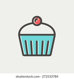 Cupcake with raspberry icon thin line for web and mobile, modern minimalistic flat design. Vector icon with dark grey outline and offset colour on light grey background.